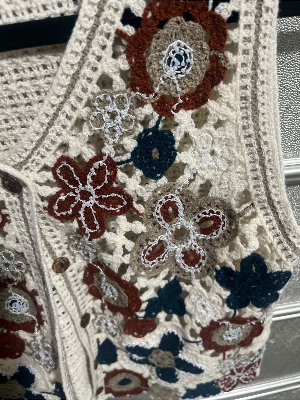 Crochet Floral Vest in Cream with Blue & Brown Accents - Picture 2 of 3